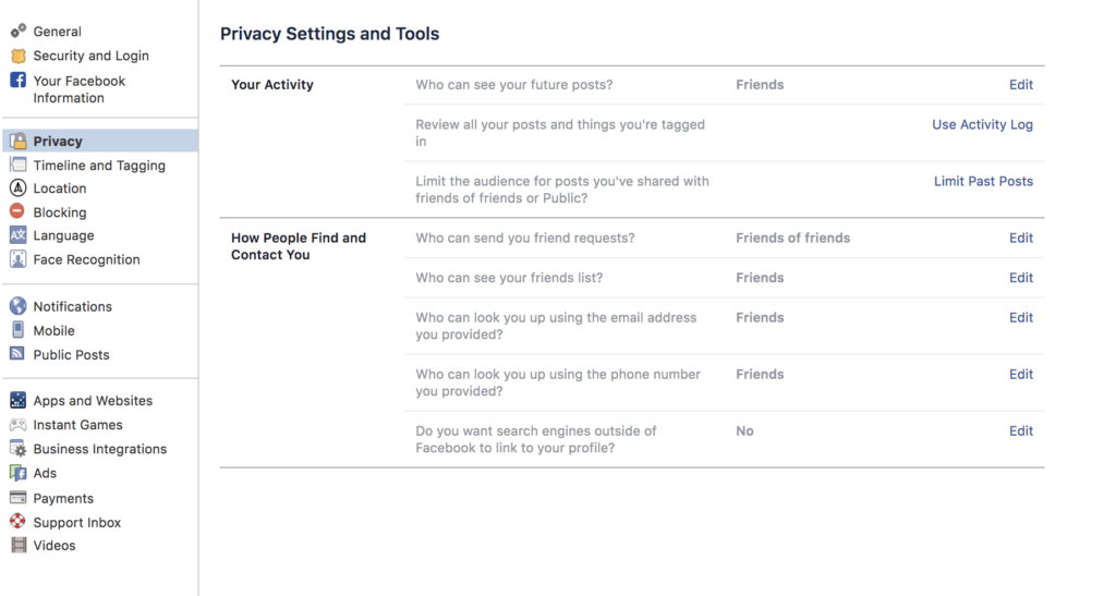 Facebook privacy settings screen capture