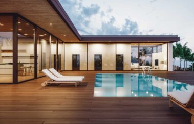 Modern Luxury House With Private Swimming Pool At Dusk
